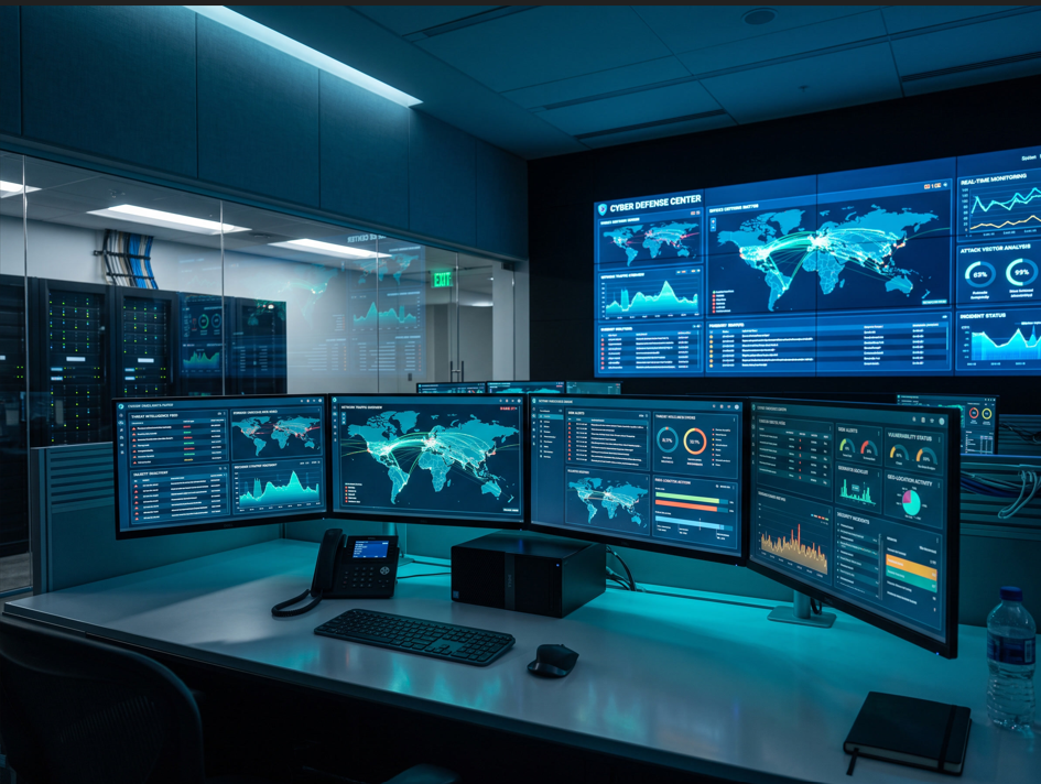 Cyber defense monitoring center with multiple screens